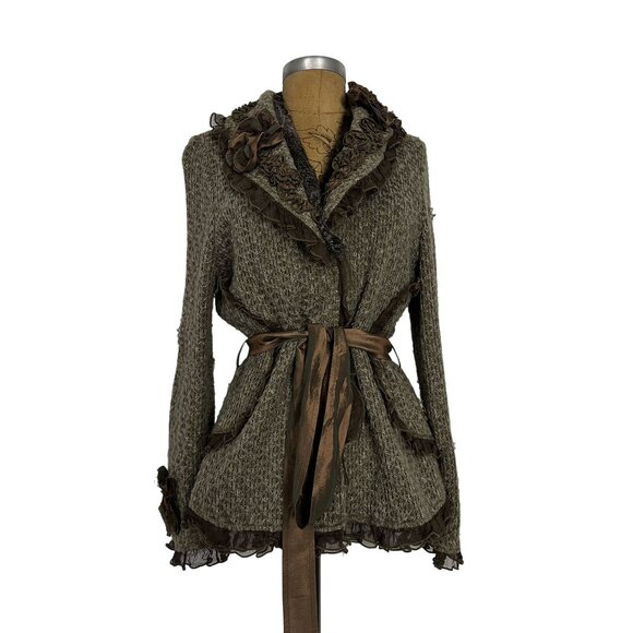 Hope Emma Darling Cardigan Wool Blend Sweater Ruffles Flowers Rabbit Fur - Picture 2 of 10